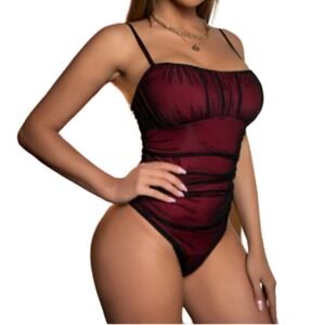 NEW Ruched Cami Bodysuit Black Red Double Layer Cami Bodysuit Sexy Adjust Strap